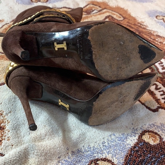Vintage Iceberg Scrunchy Brown Suede Stiletto Boot gold stud wrap strap heel 8 - Picture 4 of 16